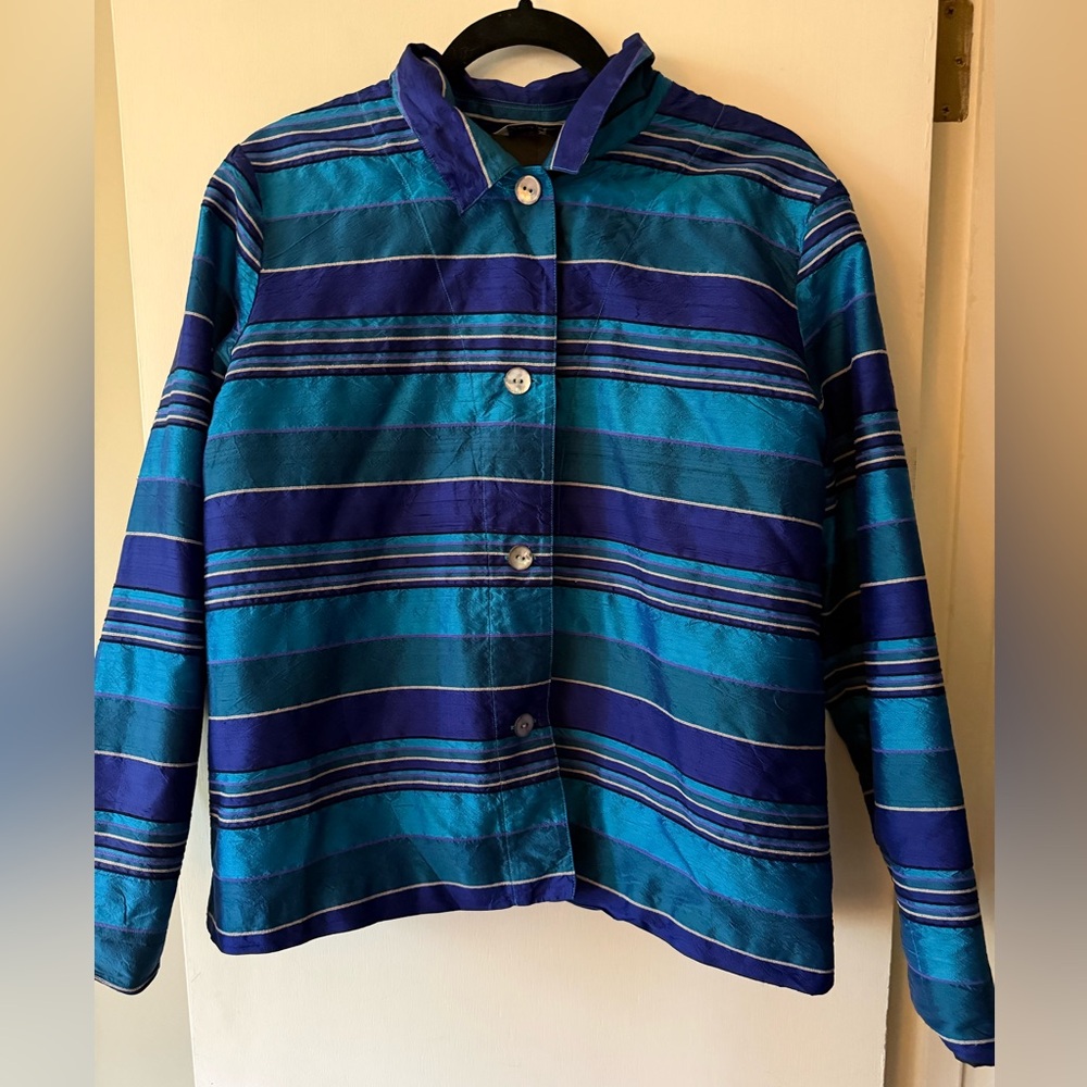French Laundry Blue and Teal Trim Silk Jacket